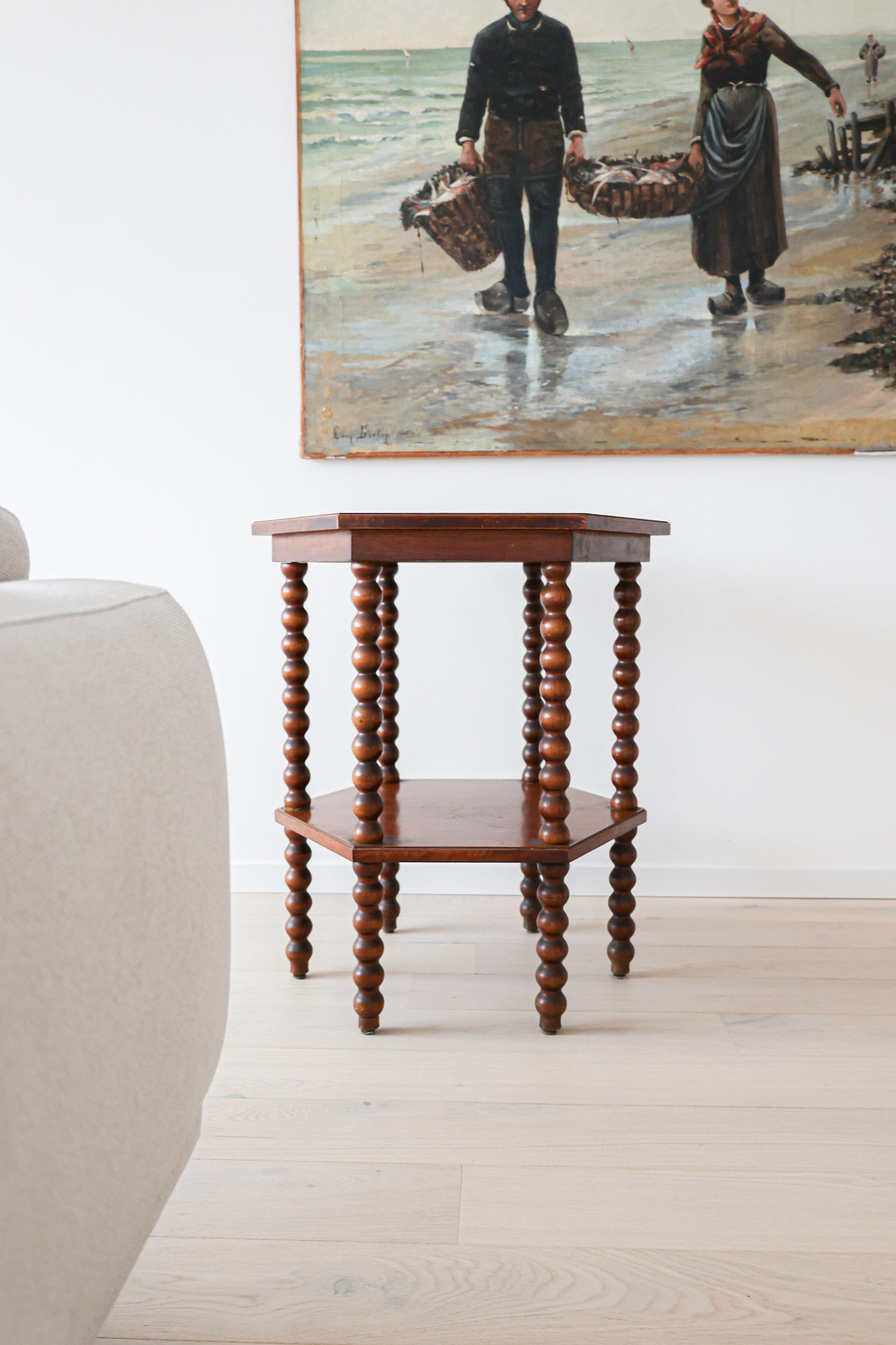 Antique octagonal bobbin side table, Belgium, 1940s