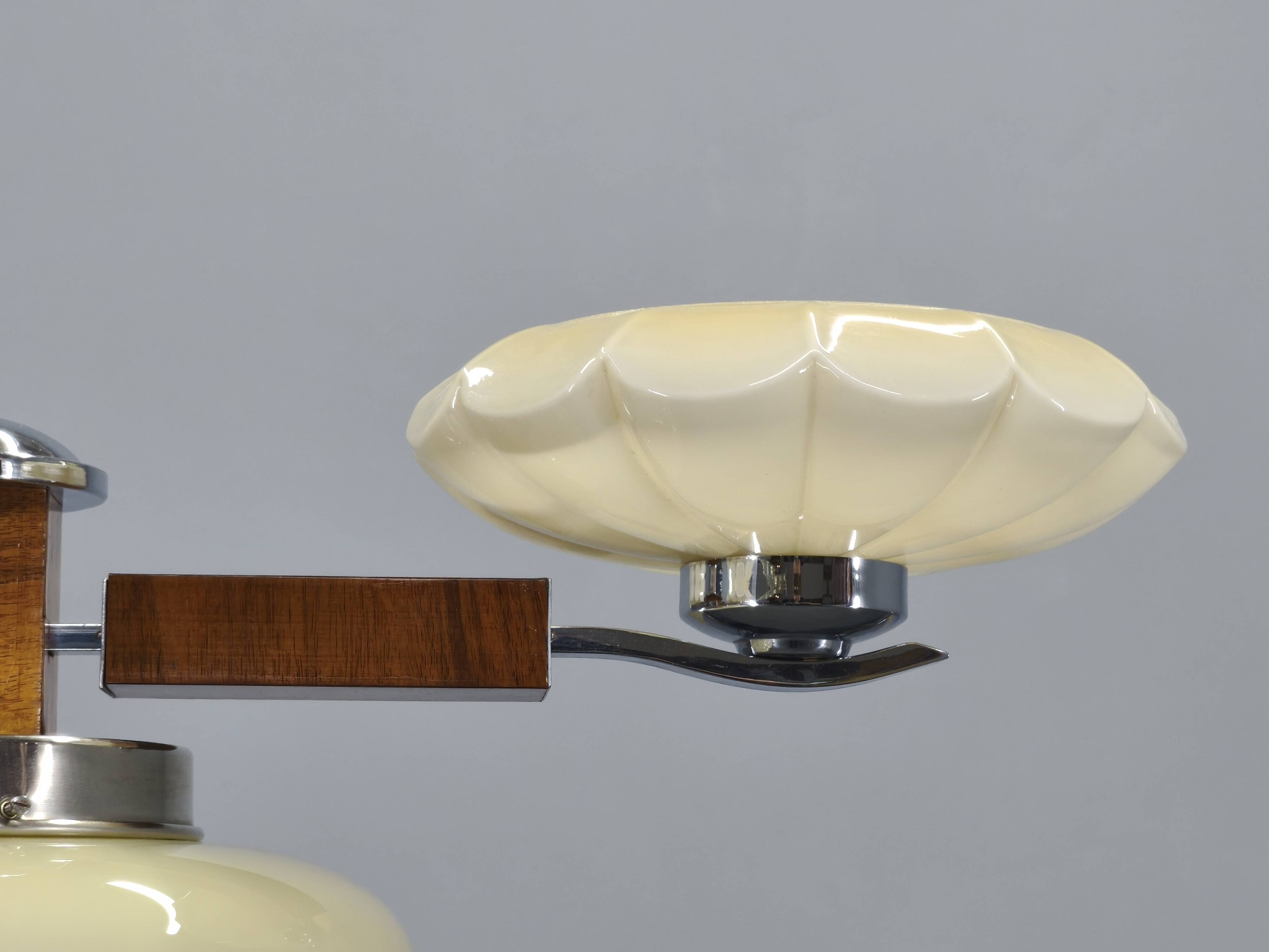 1940s Czechoslovak Art Deco Chandelier in Walnut Chrome and Glass