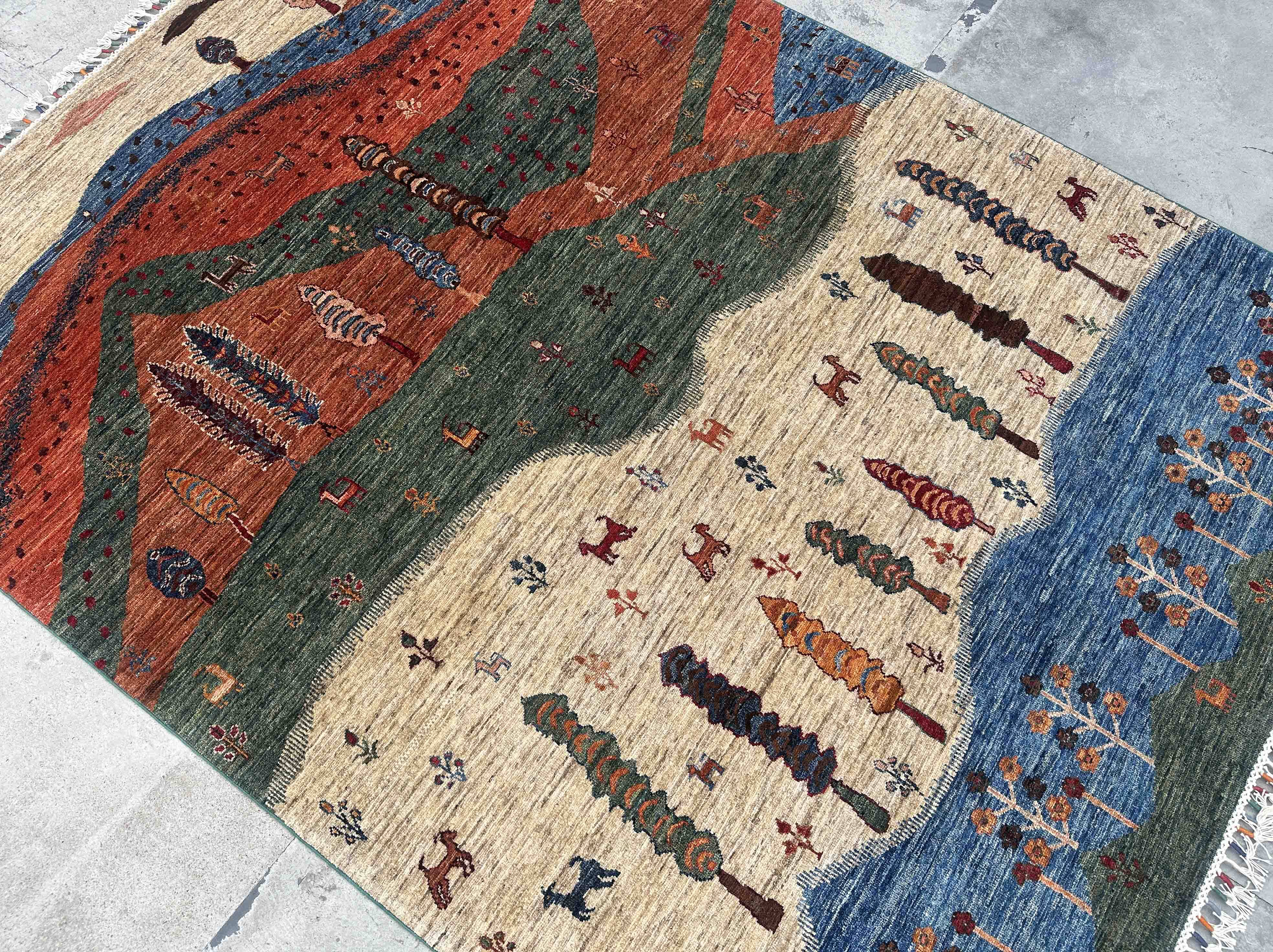 Gabbeh-Style Hand-Knotted Wool Rug with Abstract Landscape – 238×175 cm