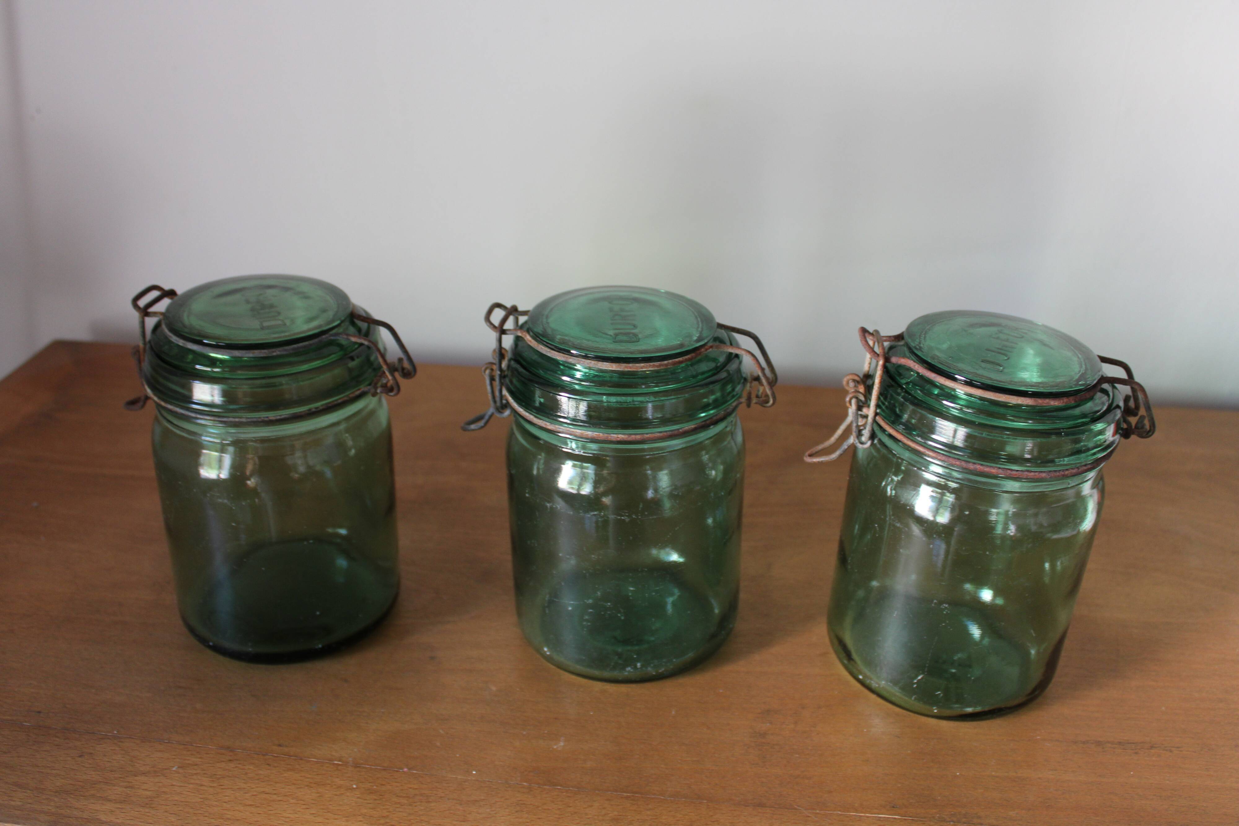 Lot of 3 green glass jars Durfort