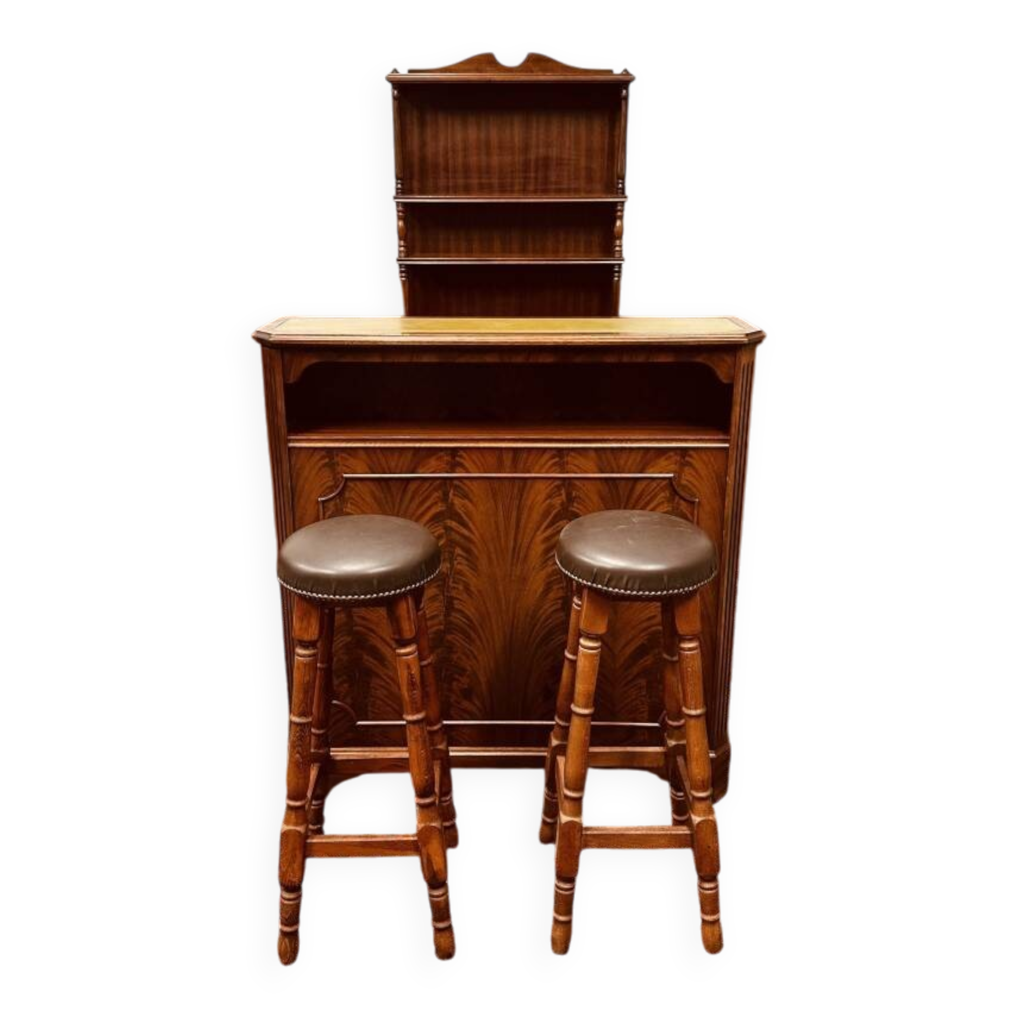 Bar anglais antique en acajou Chesterfield avec tabourets de bar