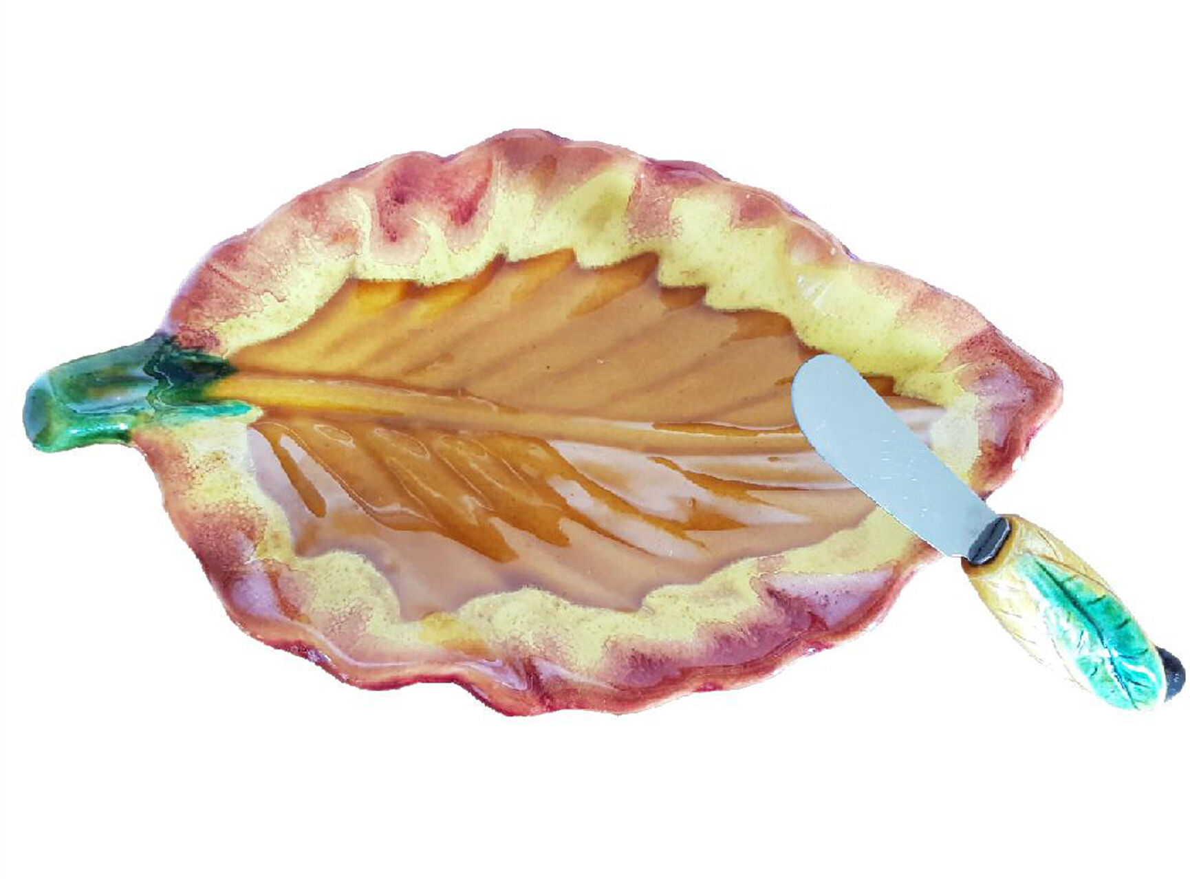 Plat coupe Vallauris en forme de feuille Vintage + couteau