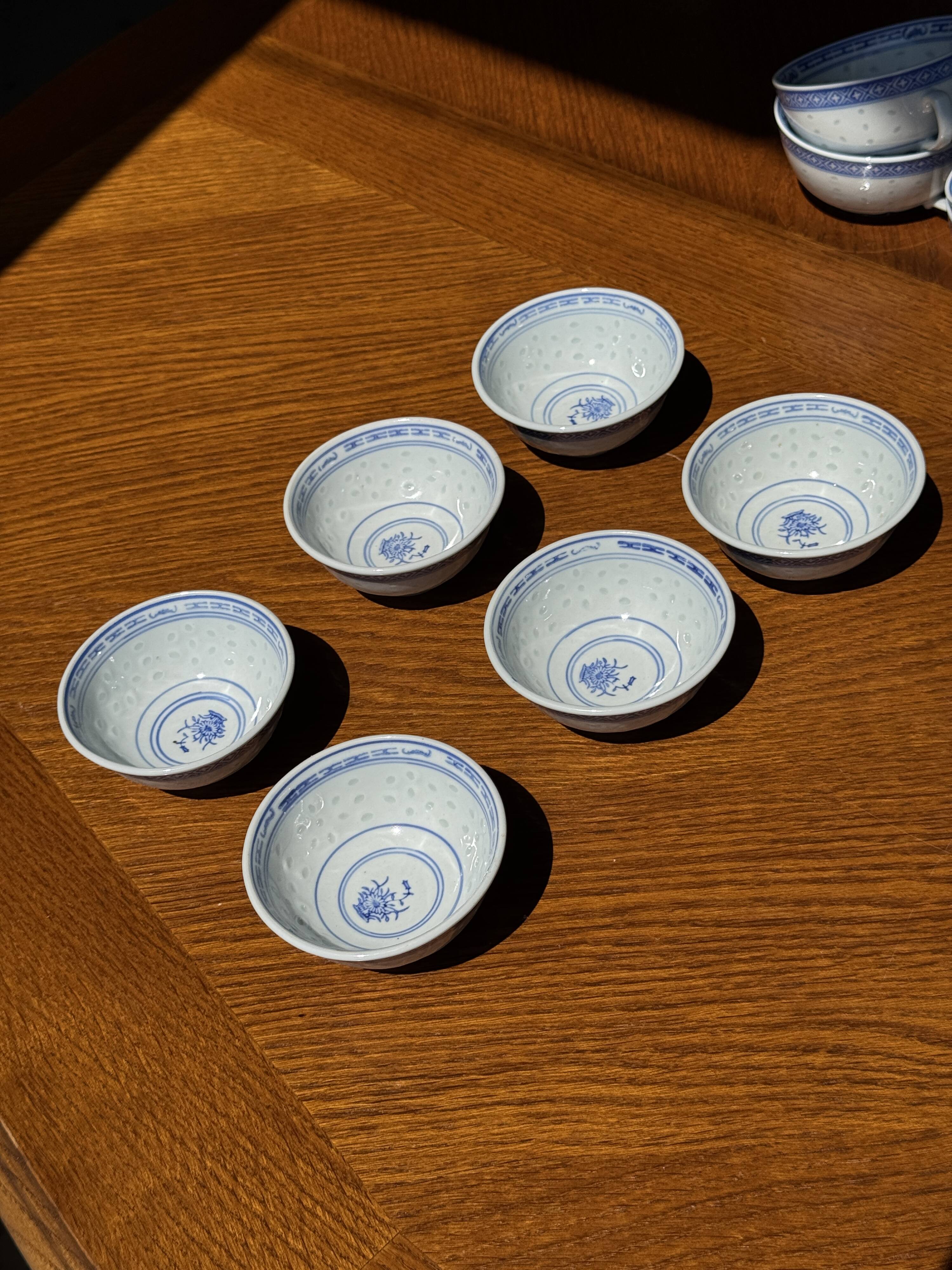 Small Chinese blue and white tea set for 6 cups and saucers.