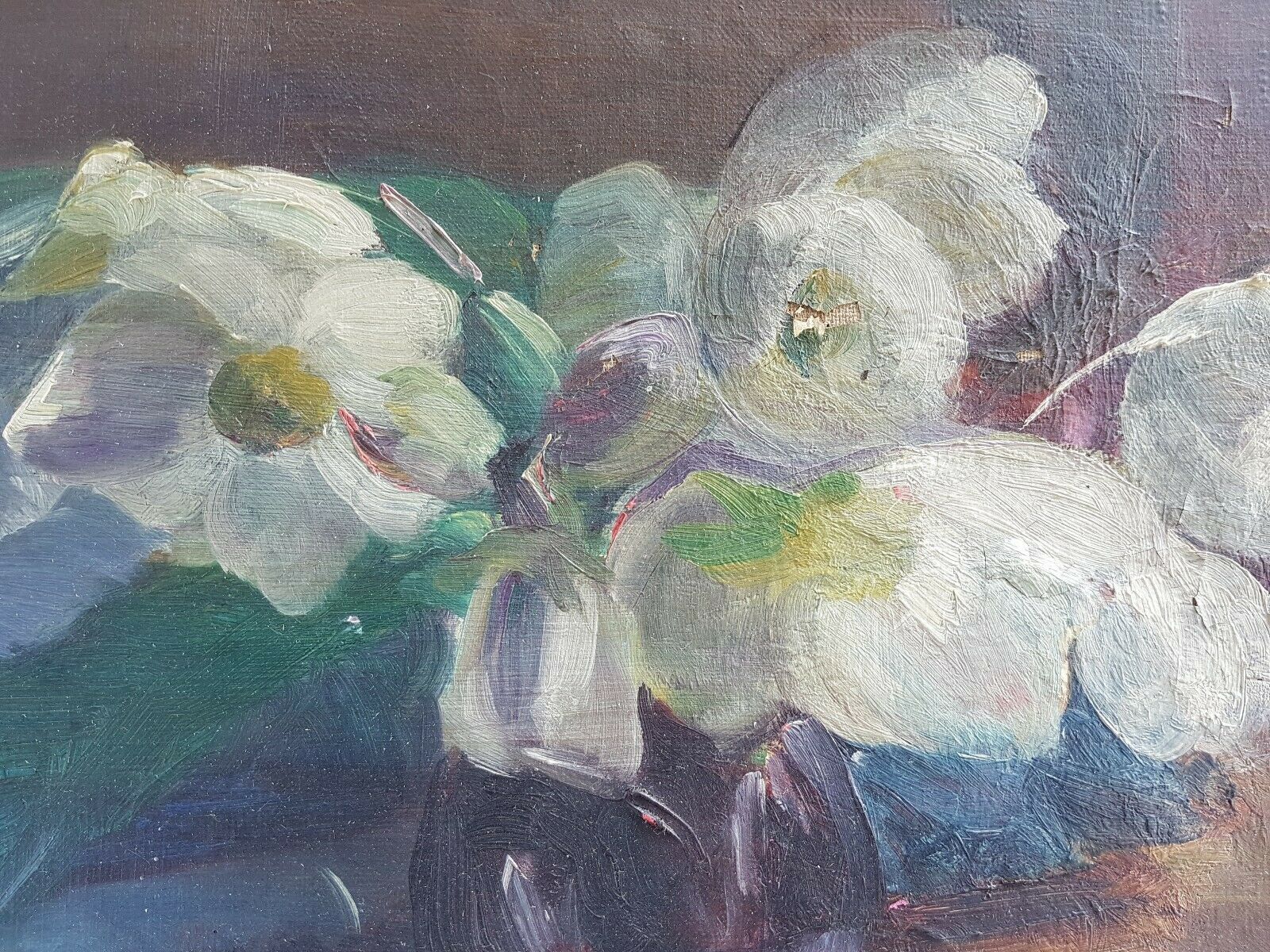 Oil on canvas still life bouquet of artist's signature flowers