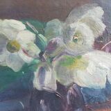 Oil on canvas still life bouquet of artist's signature flowers