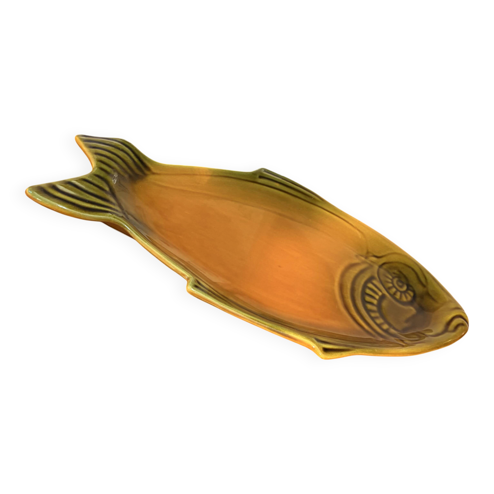 Large vintage fish platter in Vallauris earthenware, 1960s/70s, orange.
