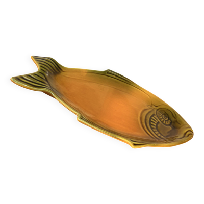 Grand plat poisson vintage en faïence de Vallauris, années 60/70, orange