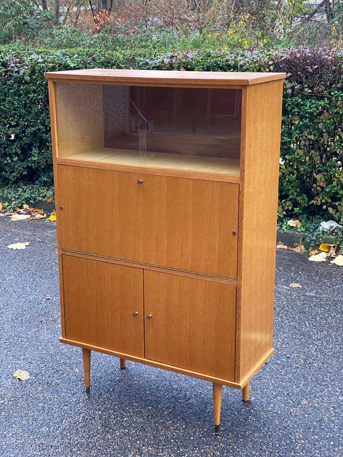 Vintage Scandinavian glass secretary with 3 doors and compass legs 145cm