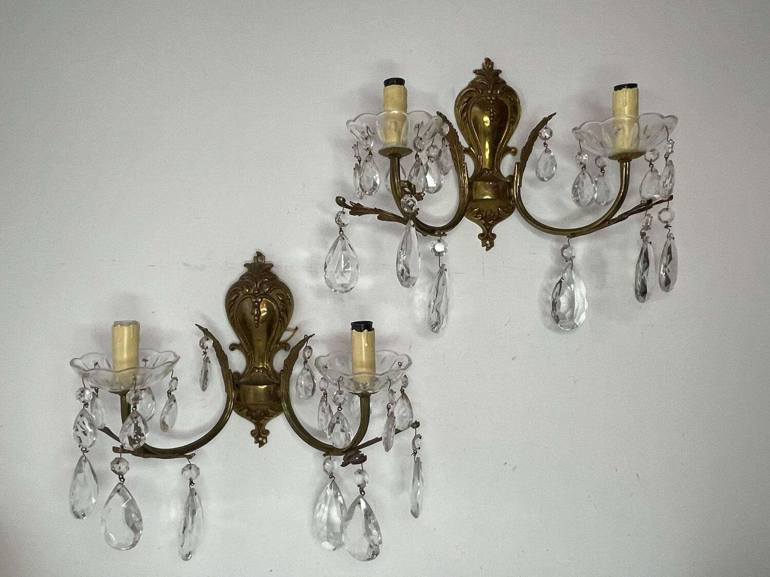 Pair of bronze and crystal wall lights