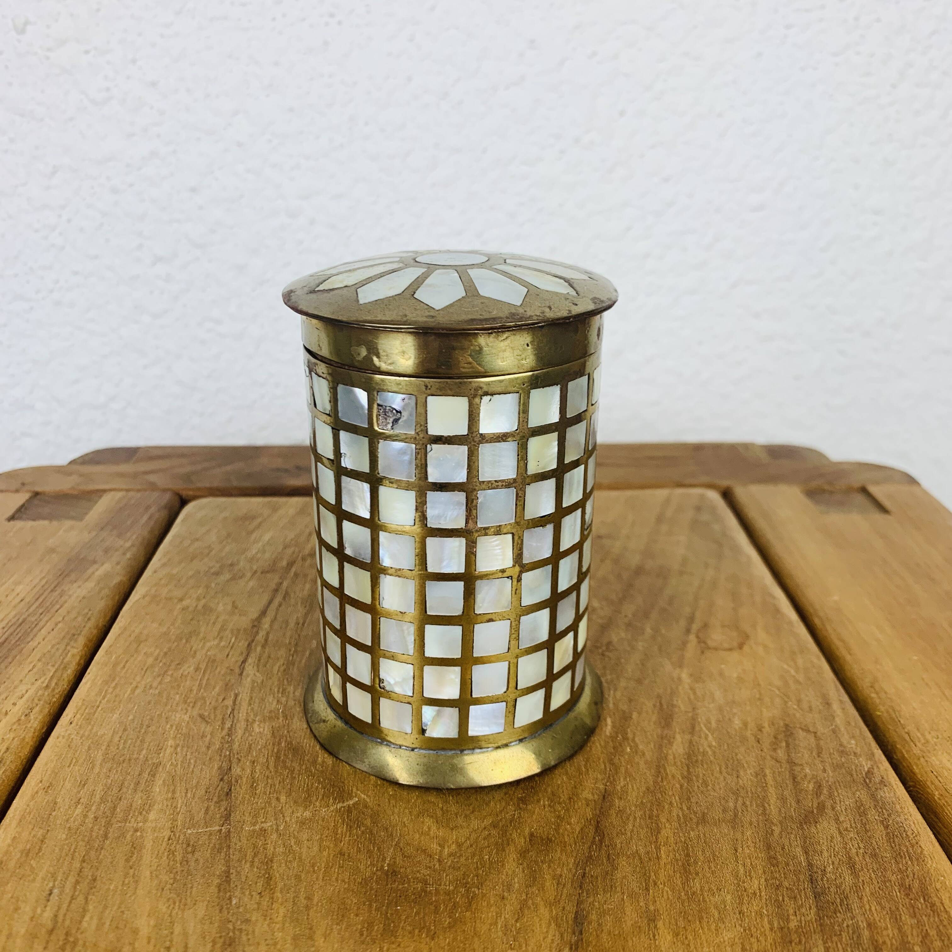 Vintage mother-of-pearl and golden brass box