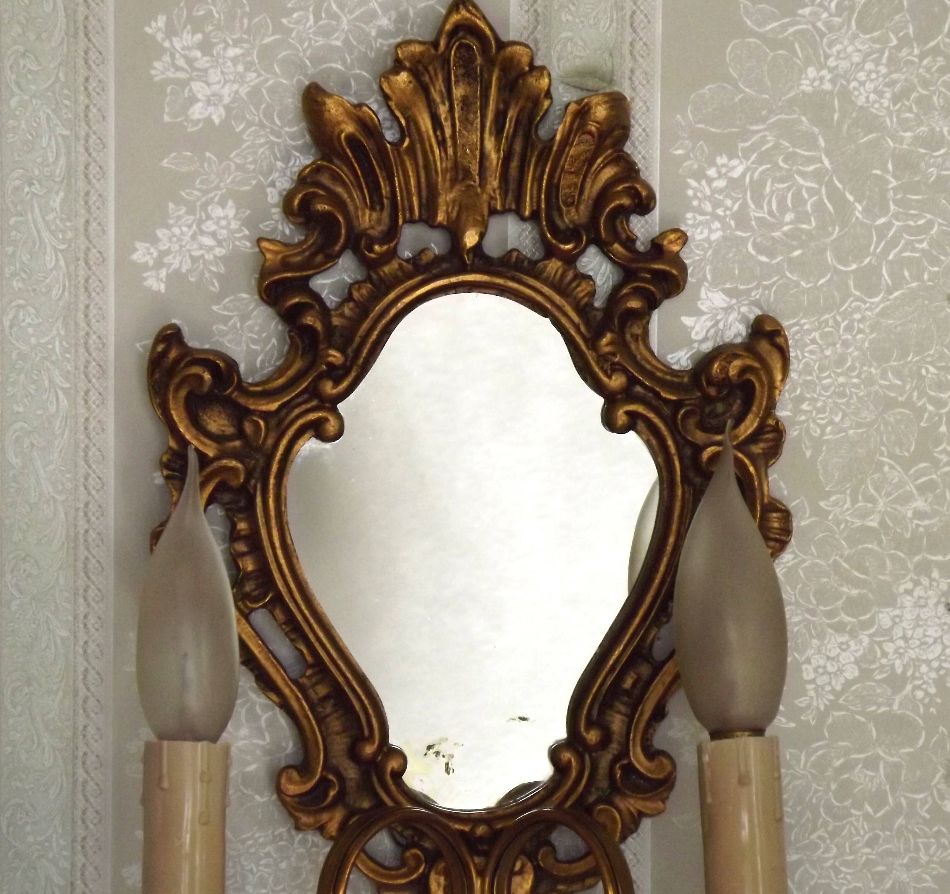 French Antique Gilt Bronze Double Light Crystal Mirrored Wall Sconce 4806