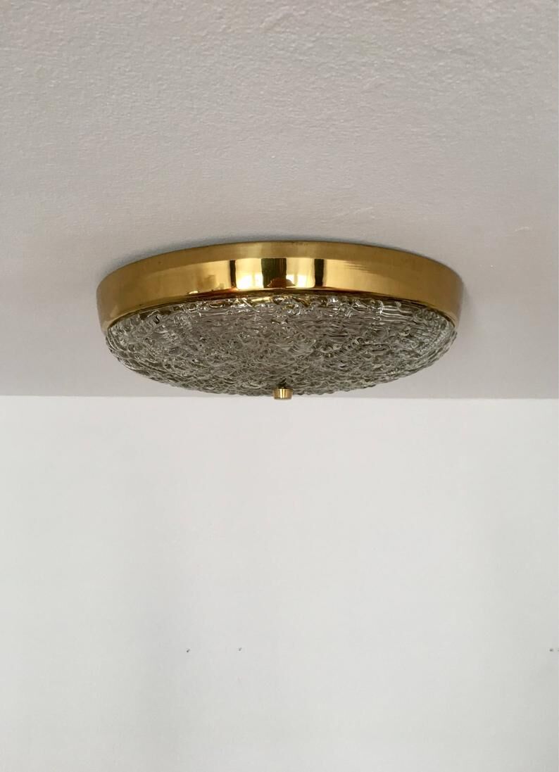 Impressive Mid Century Modern brass and ice glass ceiling lamp