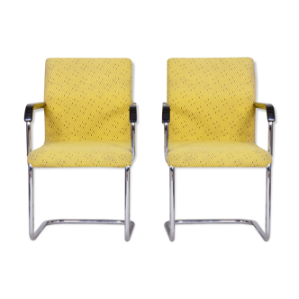 Yellow Bauhaus armchairs made in 1930s Czechia. Non restored chrome and fabric.