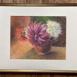 Tableau au pastel ancien, bouquet de fleurs, nature morte
