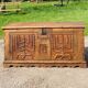 18th century chest, front view, carved with Menorahs and Hebrew symbols