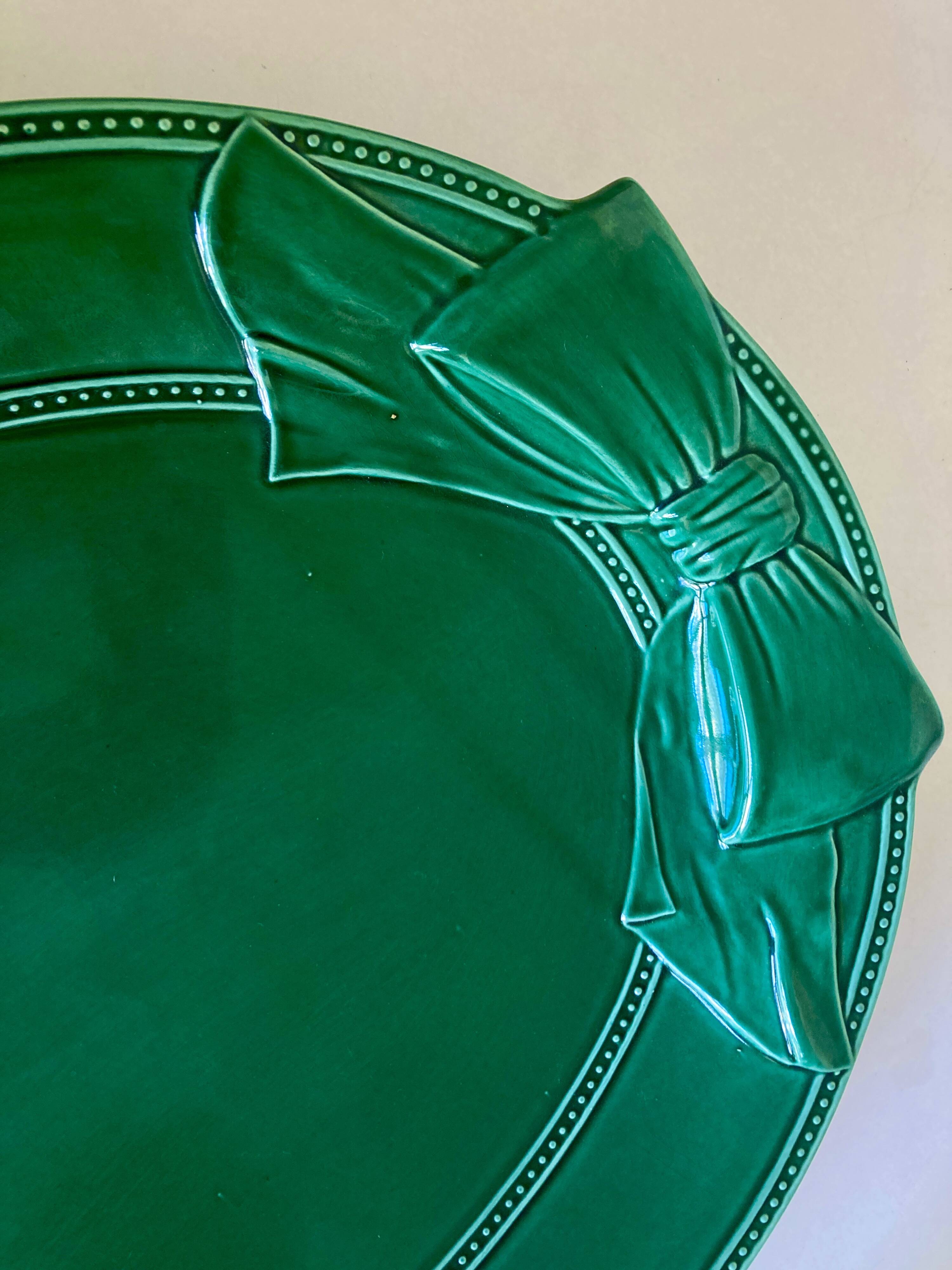 XXXL oval earthenware centerpiece dish with pearl decor, green covered, 1960s