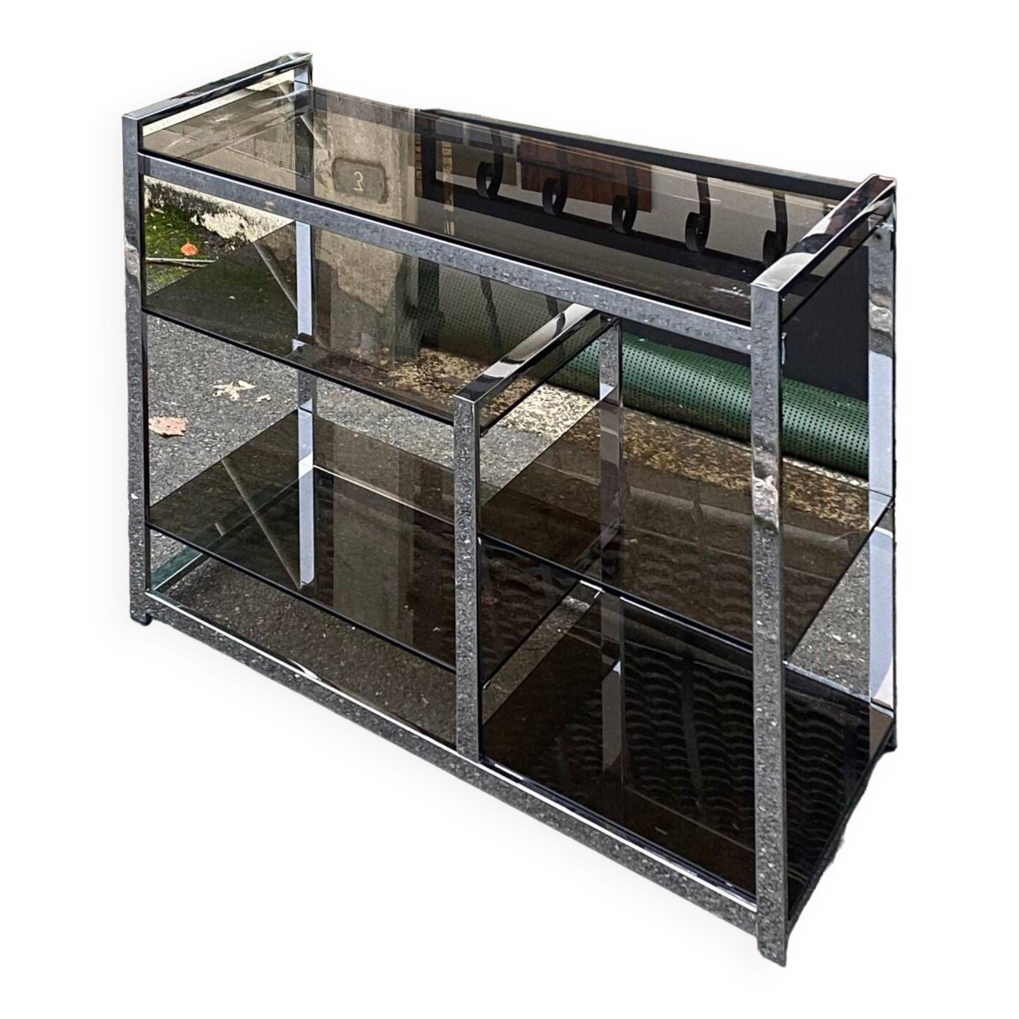 Vintage 70s chrome and smoked glass console