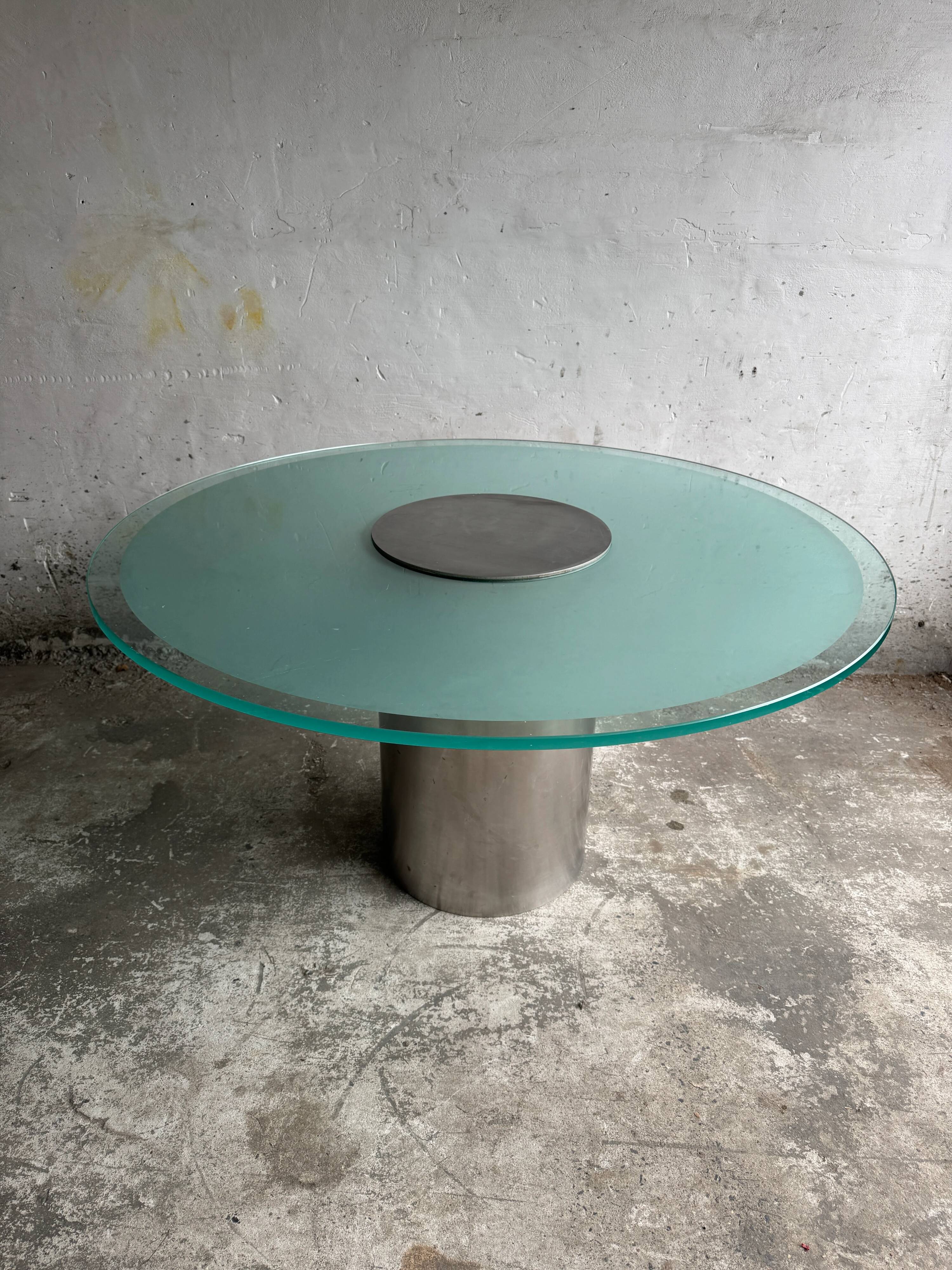 Translucent Frosted Glass Round Dining Table with Brushed Stainless Steel Pedestal — Industrial 1990s