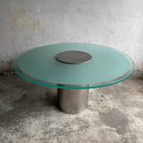 Translucent Frosted Glass Round Dining Table with Brushed Stainless Steel Pedestal — Industrial 1990s