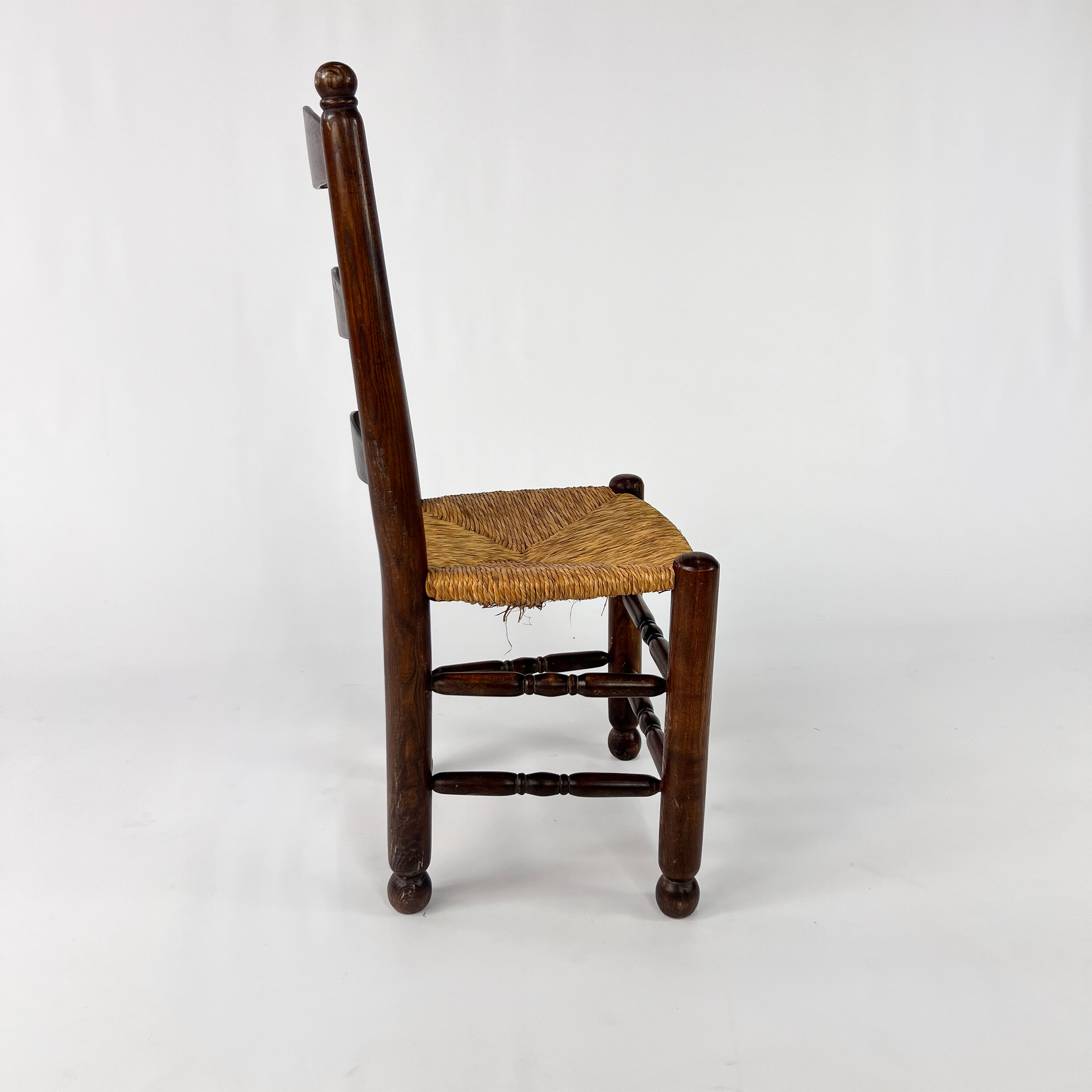 Set of 6 french antique rush and oak dining chairs, 1900s