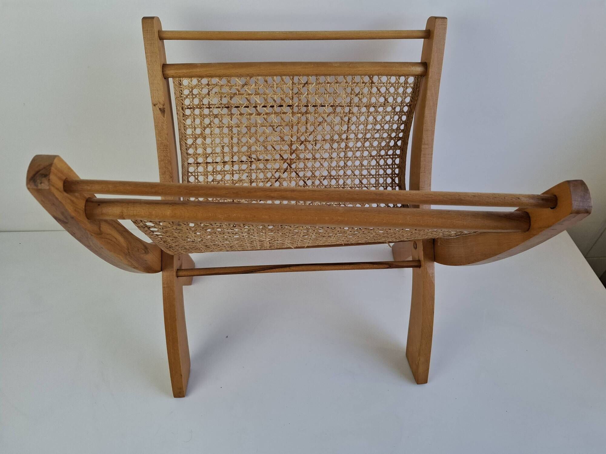 Vintage Mid-Century Wooden and Rattan Folding Magazine Rack, Czechoslovakia