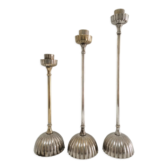 Three high brass candlesticks silver design 60s
