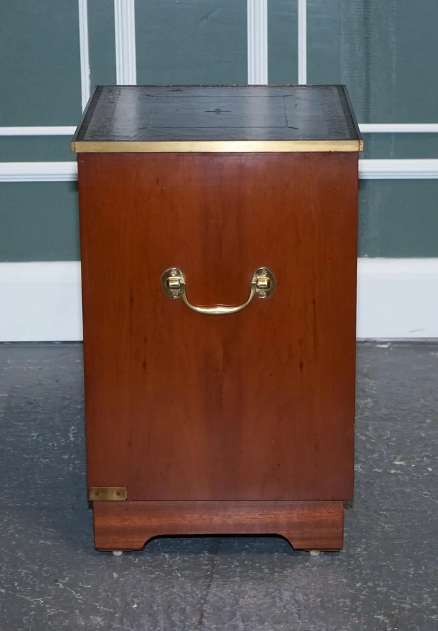 Yew Wood Nightstand Military Campaign with Green Leather Top