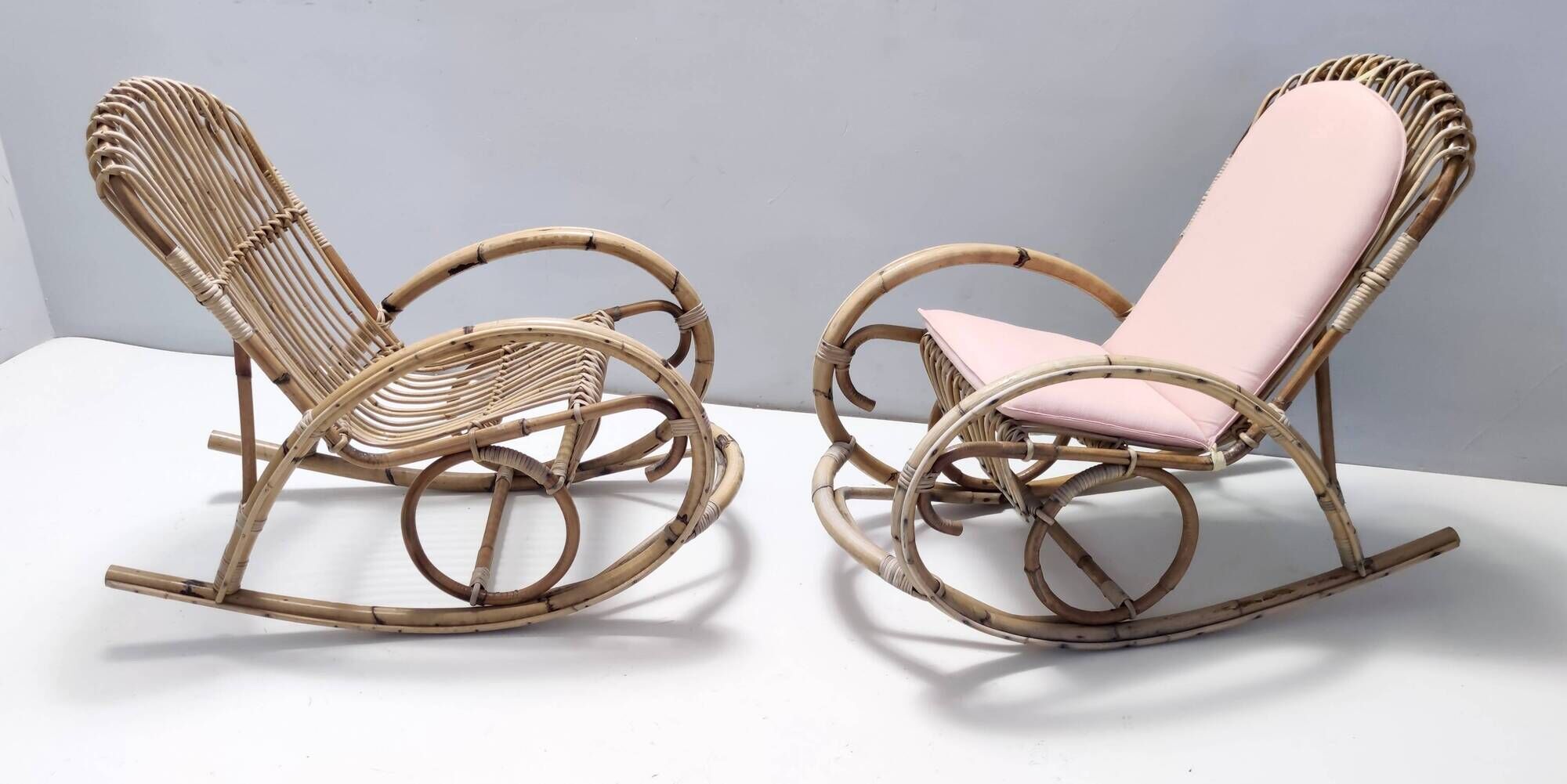 Pair of Postmodern Bamboo Children Rocking Chairs Ascribable to Vittorio Bonacina