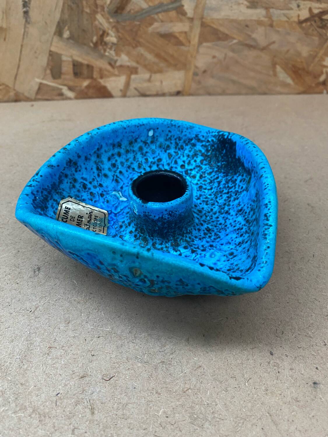 Antique cyclope candle holder ceramic fat lava turquoise blue vintage