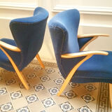 Pair of chairs Scandinavian wing stripes cocktail years 50 Blue