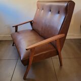 Scandinavian sofa 2 places 60s in wood and imitation leather