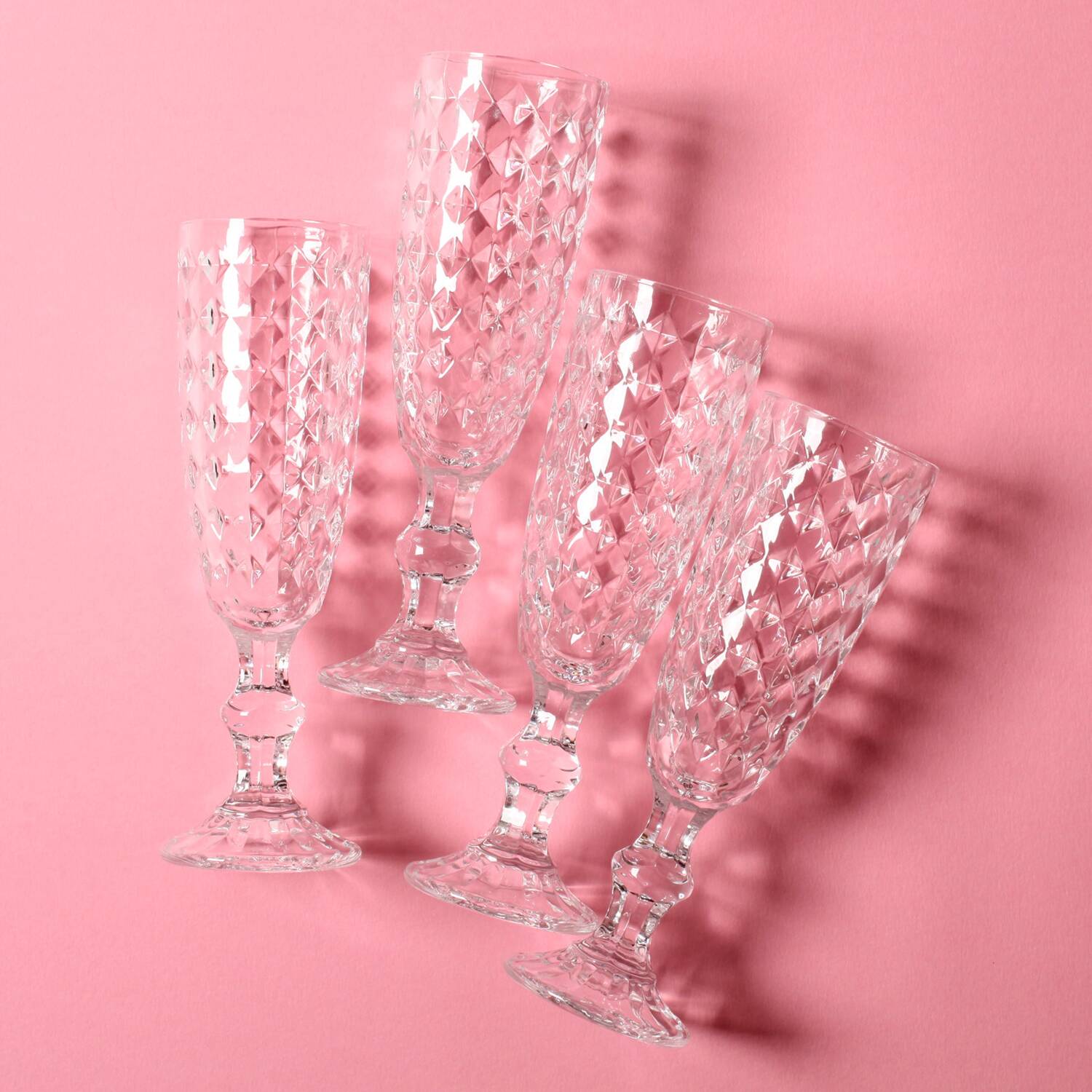 Set of 4 Vintage Pressed Glass Champagne Flutes, Clear Italian Stemware