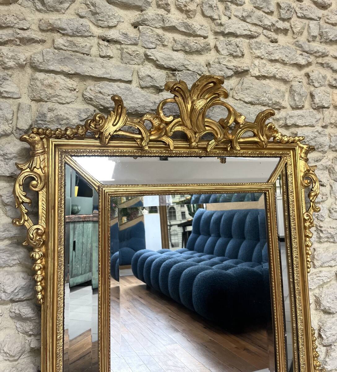 Antique mirror with a frame 123/100cm with gilded pediments, eagle heads, antique.
