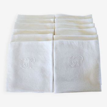 Set of 12 hand-embroidered cotton damask napkins