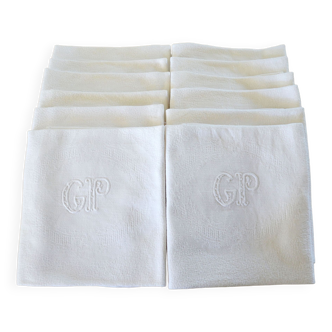 Lot de 12 serviettes coton damassé brodées main