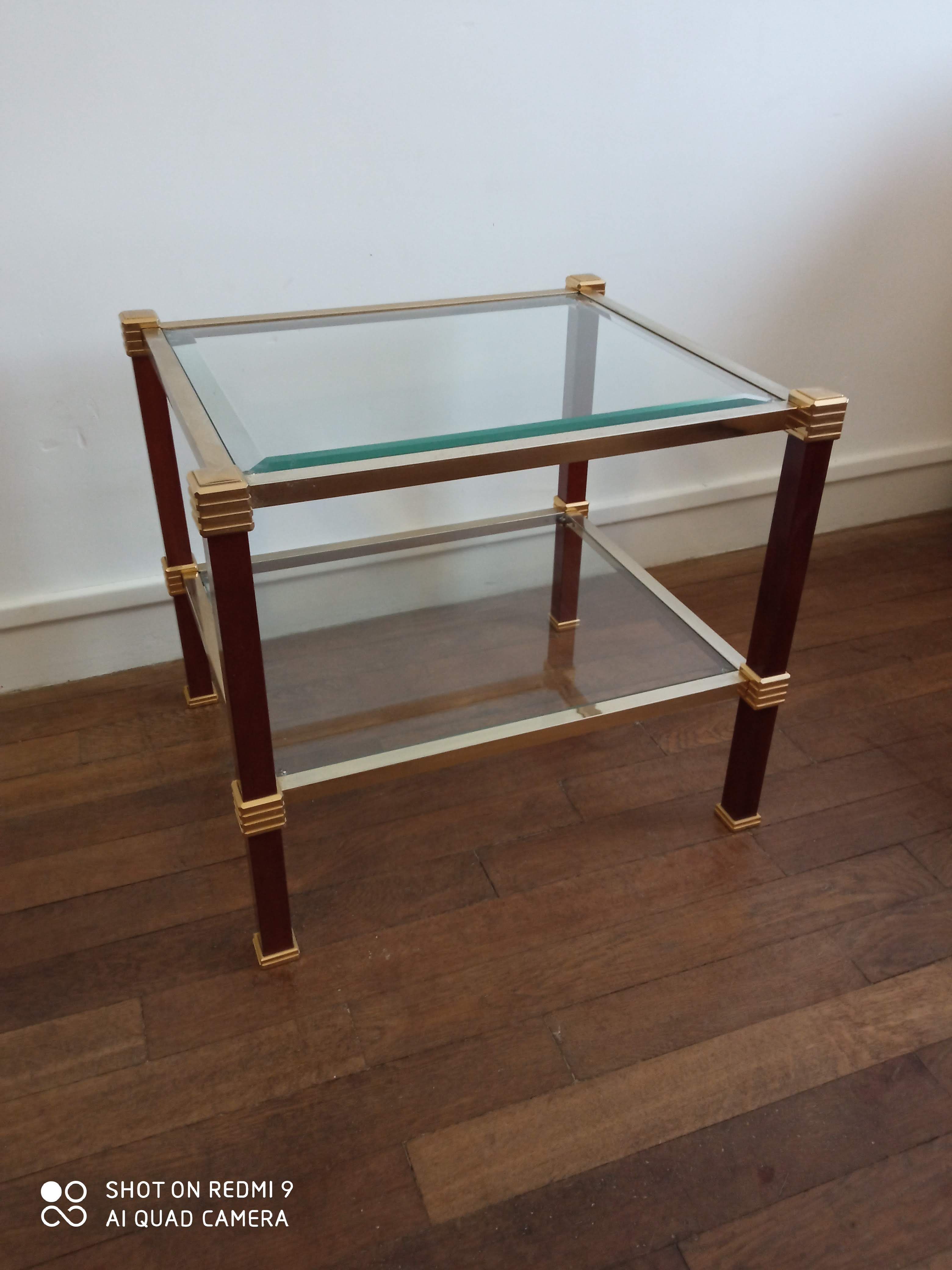 Roche Bobois coffee table in wood, brass and 70s glass