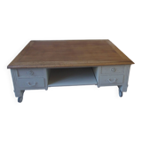 Coffee table on casters, made from an old desk, pearl gray base and belt.