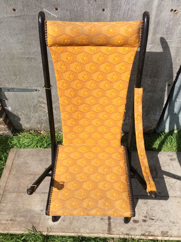 Fauteuil chaise pliante Napoléon III bois noir & tissu jaune vintage