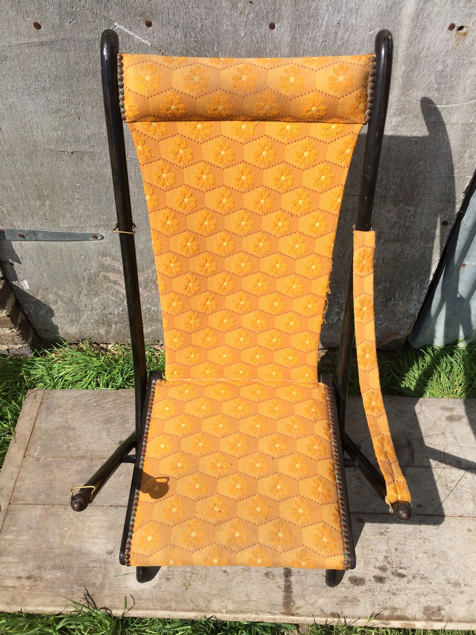 Napoleon III folding chair armchair black wood & vintage yellow fabric