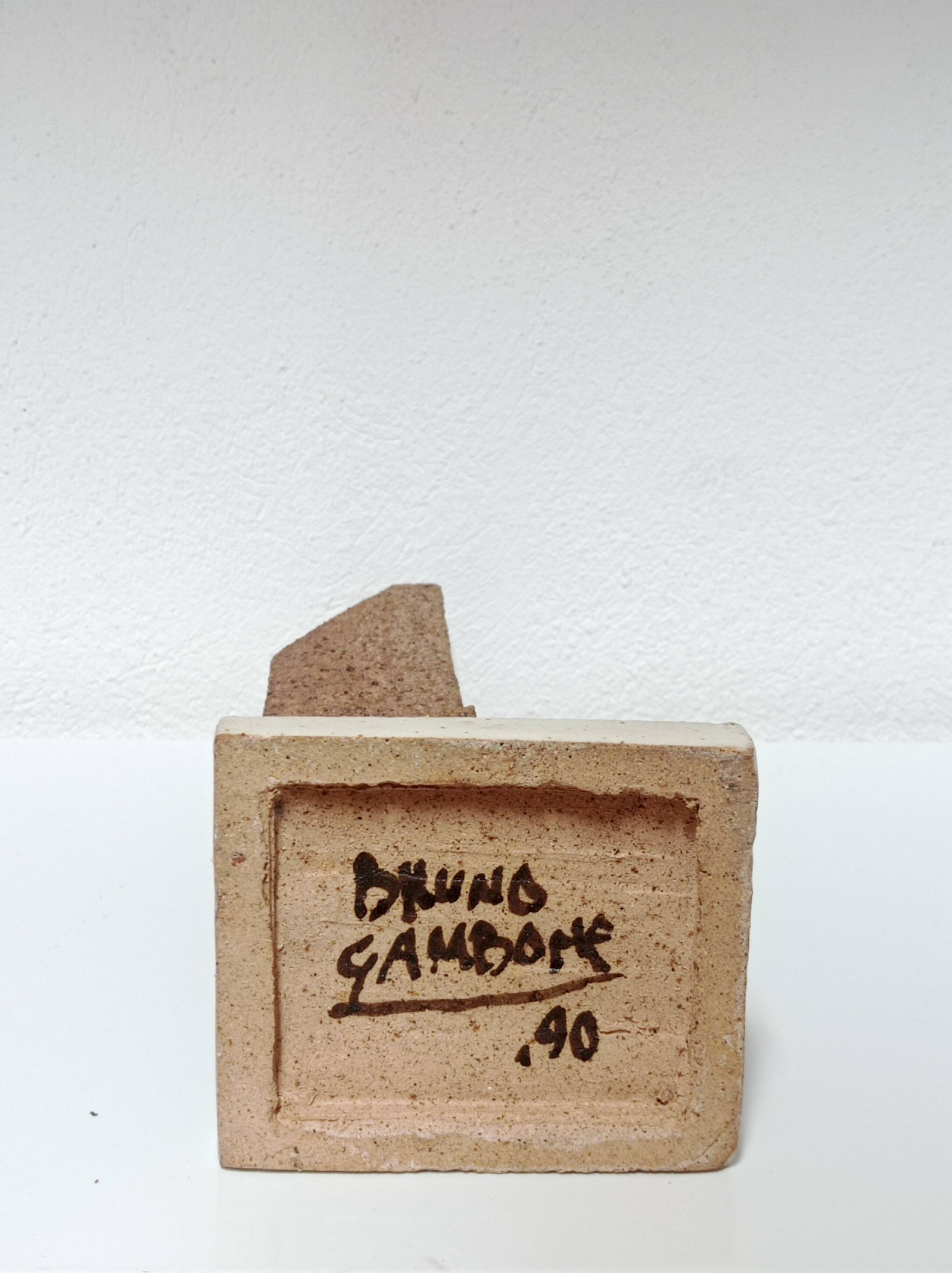Bruno Gambone signed stoneware sculpture, geometric shape, terracotta finish, 1990