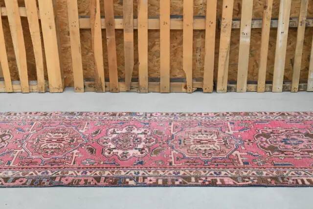 1970s Vintage Turkish Hand-Knotted Wool Cotton Pink Runner Rug 95x320
