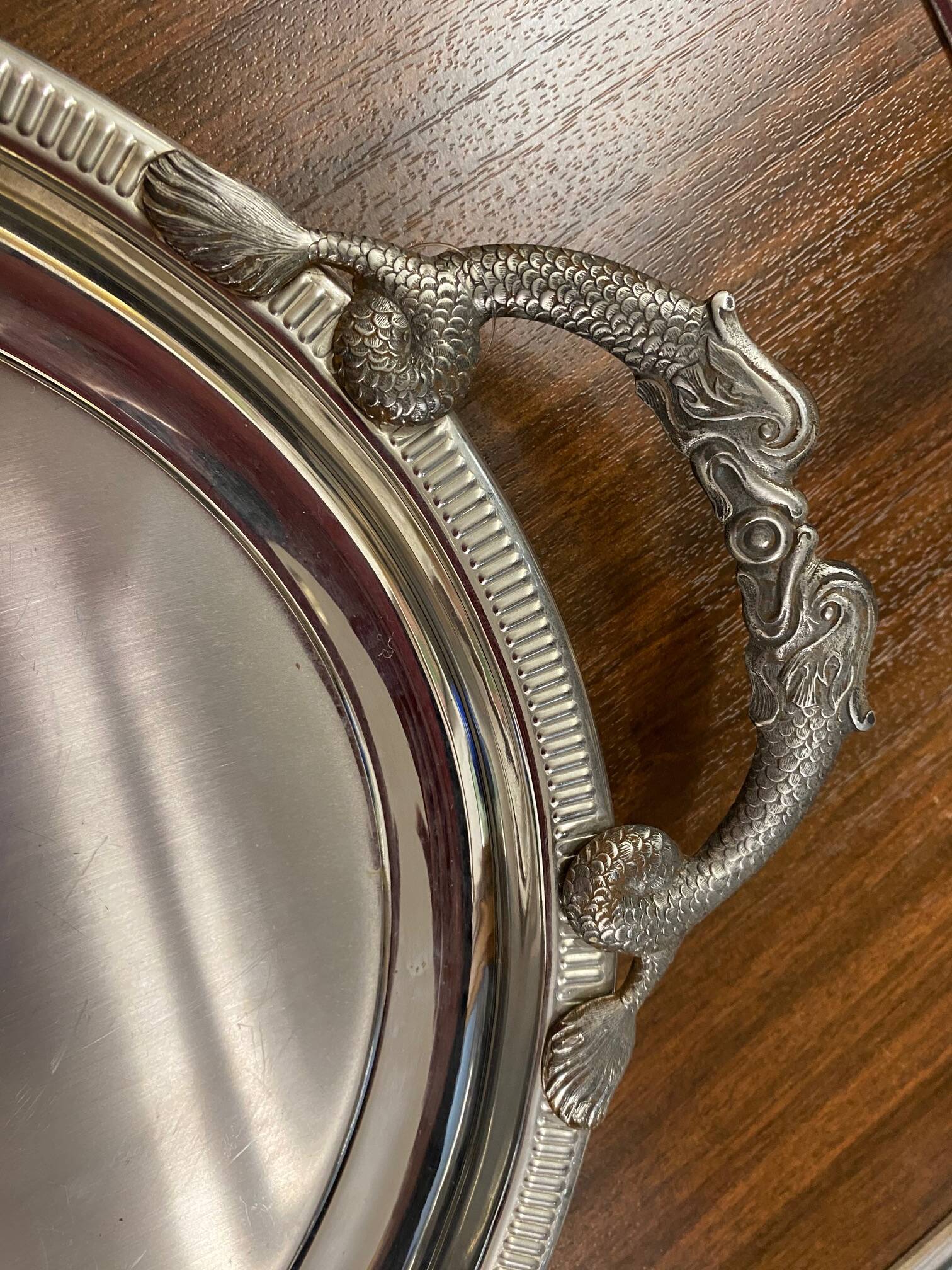 Large jean couzon stainless steel serving tray with fish decor handles