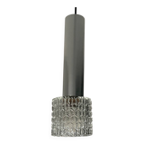 Vintage pendant light in chiseled glass and steel tube from the 70s