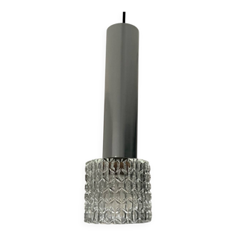 Vintage pendant light in chiseled glass and steel tube from the 70s