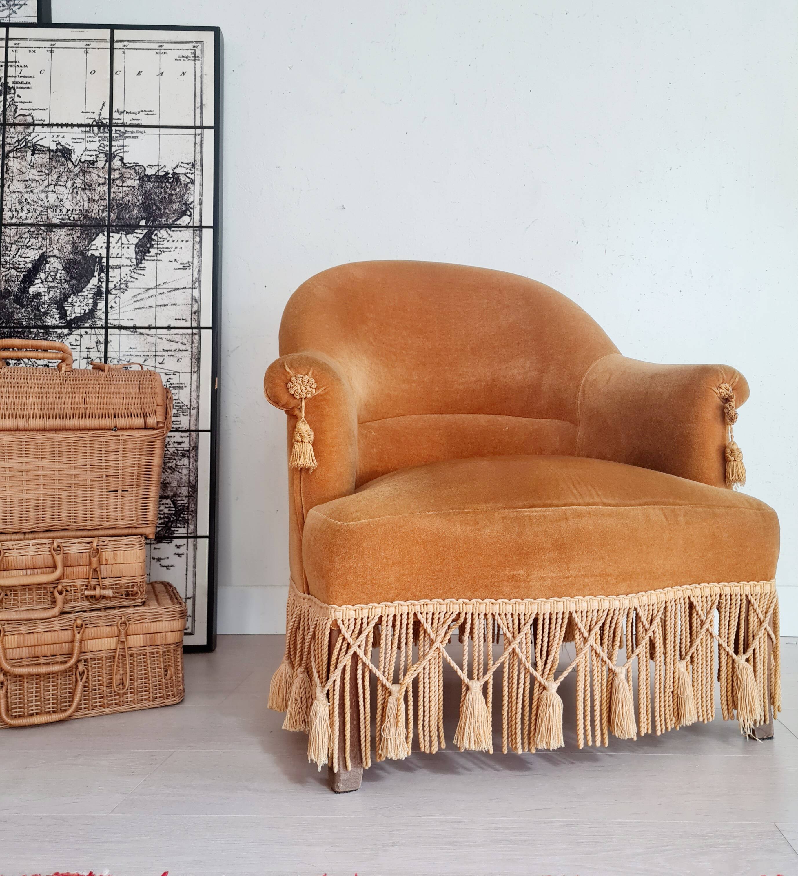 Golden yellow velvet toad armchair