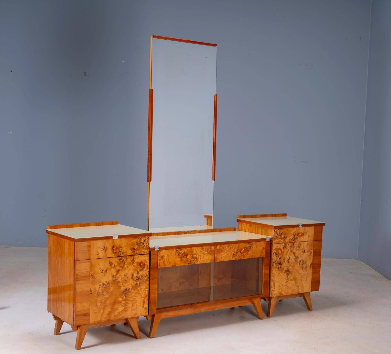 Vintage dressing table with burl veneer, large mirror and storage cabinets