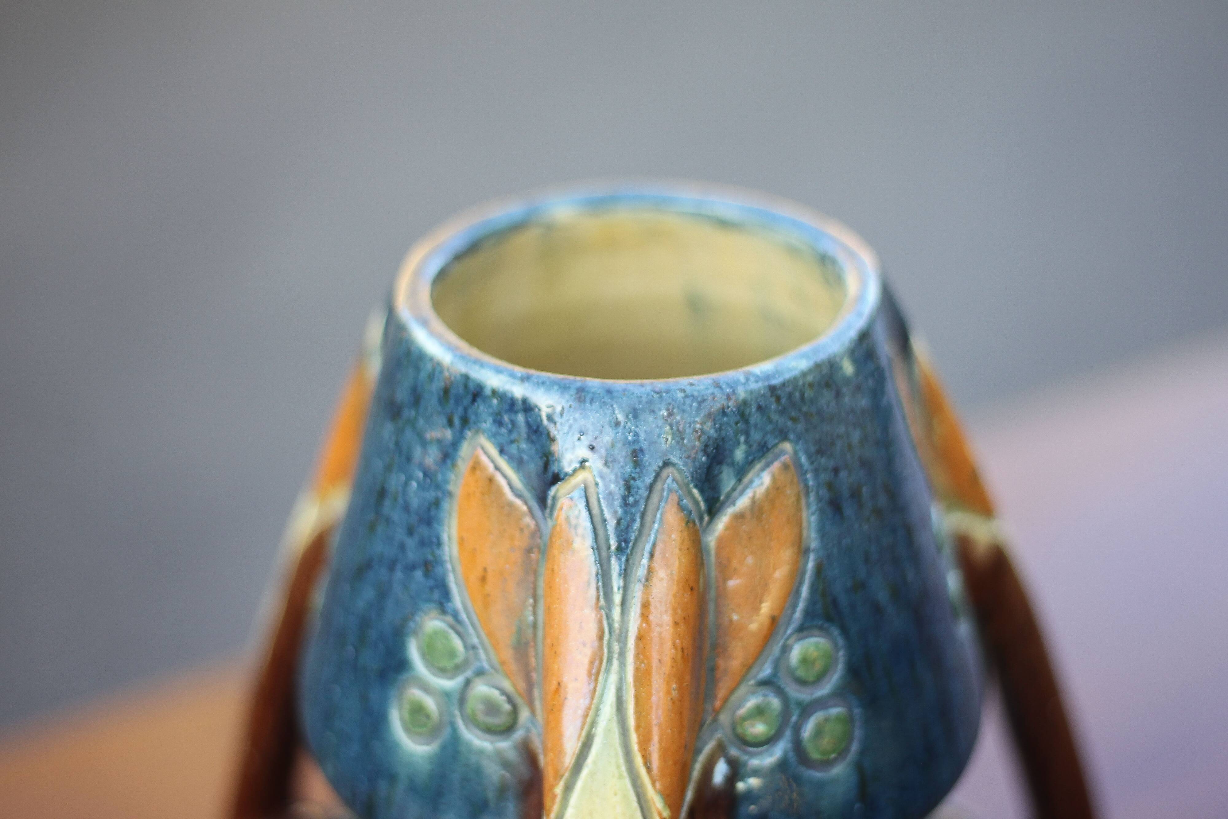 Large Art Deco vase, enamelled terracotta vase with floral motifs, Vase with tripod handles, Art Nouveau