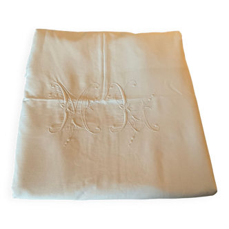 Drap ancien brodé en lin fin