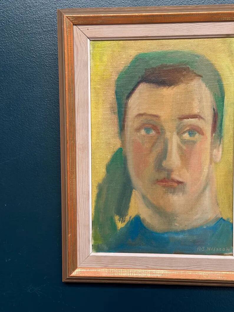 Huile sur panneau d'origine suédoise – "Portrait" par A.-S. Nilsson – Signé – Vintage et encadré – 44 × 32 cm (17,3" × 12,6")