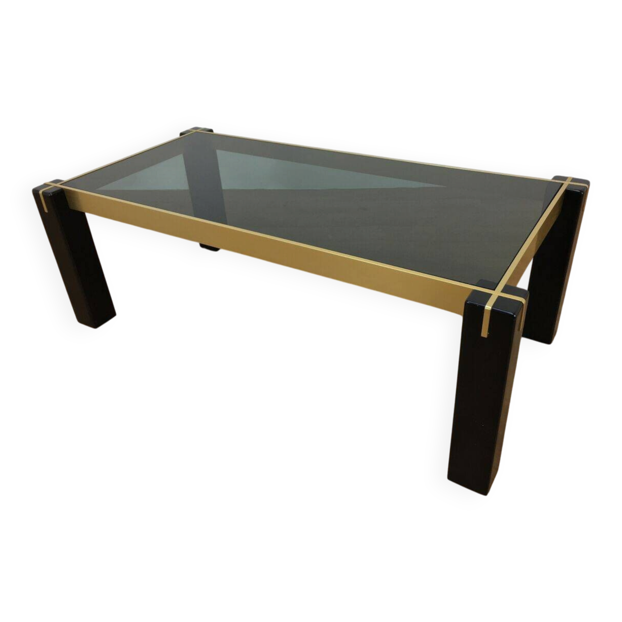 Italian coffee table from the 70s, smoked glass, black and gold lacquered wood.
